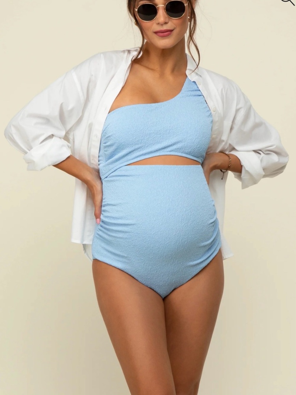 Light Blue Asymmetrical One Shoulder Side Cutout One-Piece Maternity Swimsuit